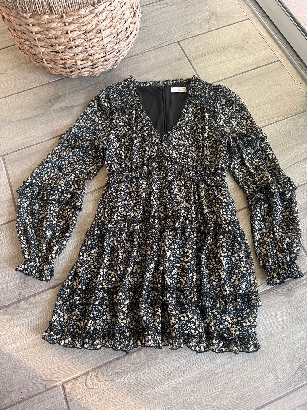 Altar'd State Black Floral Long Sleeve Tiered Mini Dress